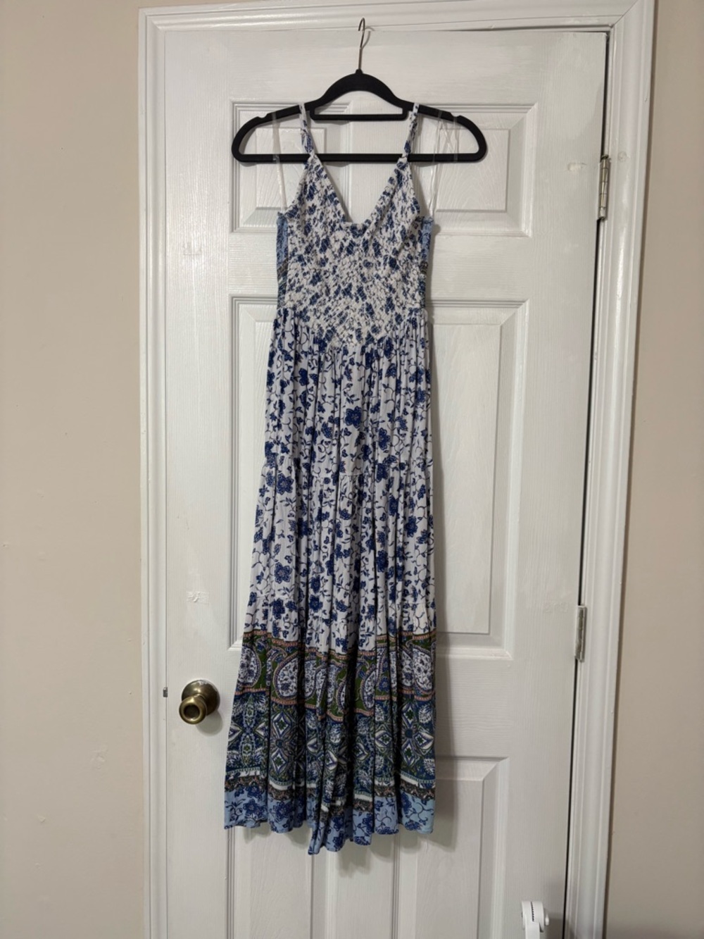 Angie White and Blue Floral Maxi Dress with Border Print